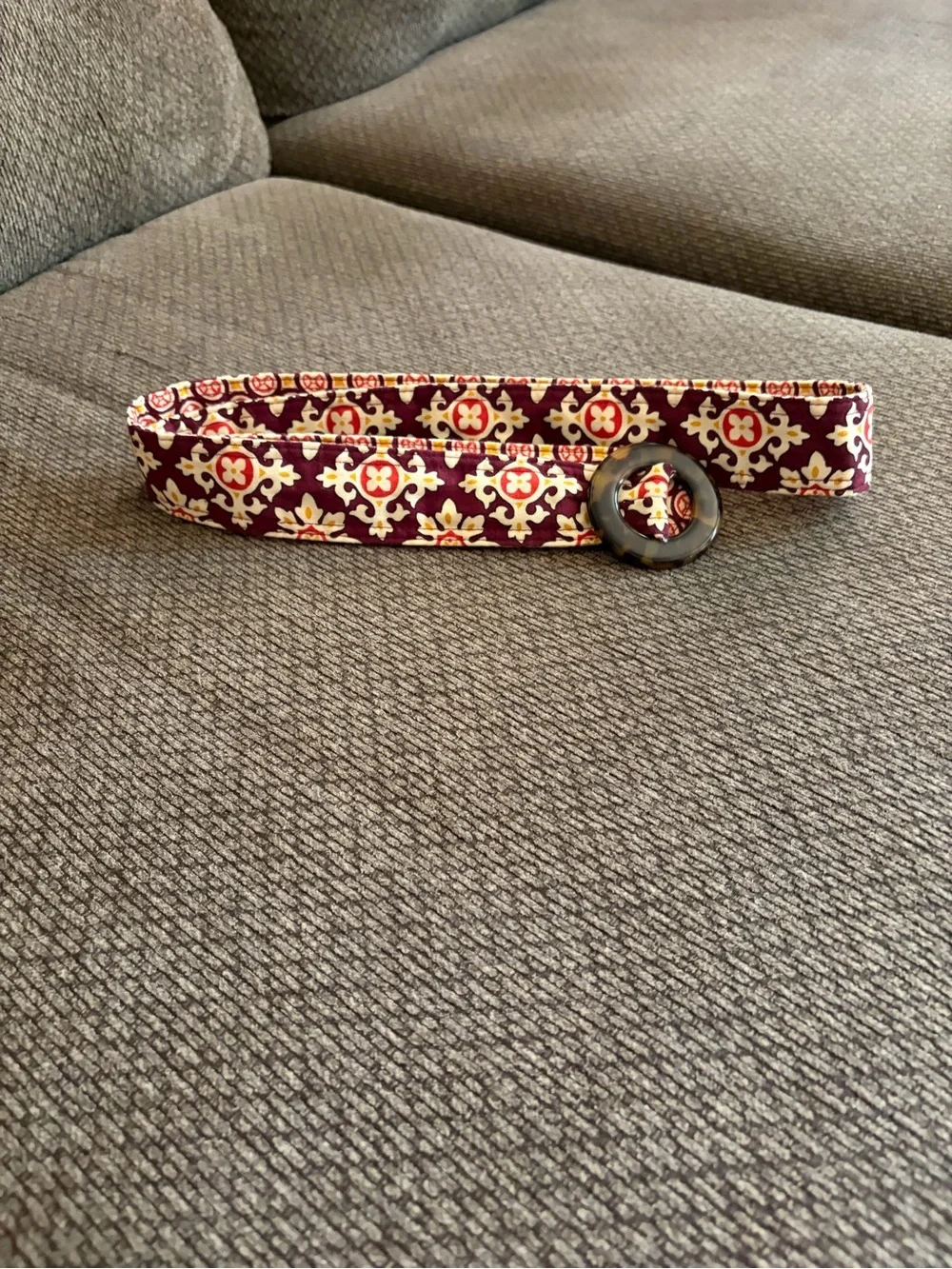 Vera Bradley Maroon Floral Fabric Belt with Round Tortoiseshell Buckle